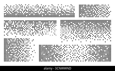 Cube pixel pattern set with black geometric dispersal effects, digital dissolution and data fragmentation for tech designs. Matrix grid backgrounds with scattered blocks. Glitch art transitions Stock Vector