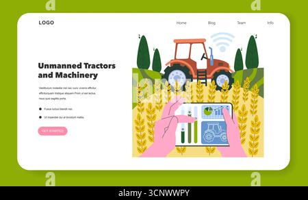 Vector illustration showing a person using a tablet to remotely control an unmanned tractor in a field. The integration of technology in agriculture is depicted. Stock Vector