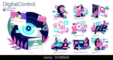 Vector illustration collection depicting digital control concepts, including AI, data privacy, user verification, access management, and content moderation, enhancing security themes. Stock Vector