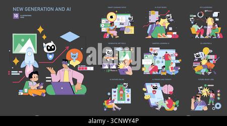 Vector illustration depicting AI integration in education and creativity, showcasing people interacting with AI for learning, art generation, VR classrooms, and future job preparation. Stock Vector
