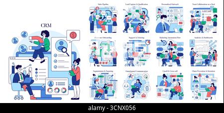 CRM vector illustration showcasing multiple business strategy concepts such as sales pipeline, customer onboarding, marketing automation, and team collaboration with various actions depicted. Stock Vector