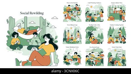 Vector illustration depicting various outdoor activities. Groups of people engage in picnics, hiking, crafts, reading, and cooking, promoting social interaction and relaxation in nature. Stock Vector