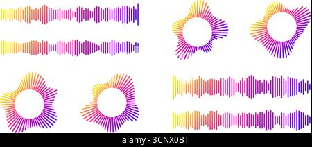 Gradient sound wave patterns with music audio frequencies in circular and linear designs for equalizer visualization. Stock Vector