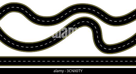Birds eye top view of a winding highway with dashed center lines and smooth asphalt surface vector illustration suitable for map backgrounds route Stock Vector