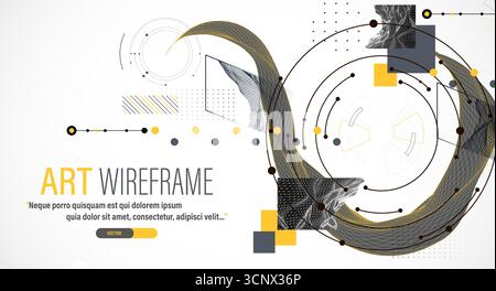 Minimal abstract composition with wireframe waves, geometric shapes, dots, and lines. Stock Vector