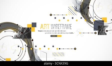Minimal abstract composition with wireframe waves, geometric shapes, dots, and lines. Stock Vector