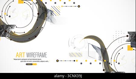 Minimal abstract composition with wireframe waves, geometric shapes, dots, and lines. Stock Vector