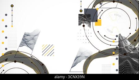 Minimal abstract composition with wireframe waves, geometric shapes, dots, and lines. Stock Vector