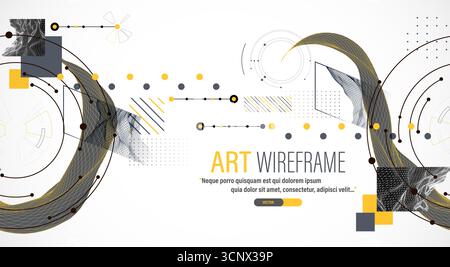 Minimal abstract composition with wireframe waves, geometric shapes, dots, and lines. Stock Vector