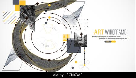 Minimal abstract composition with wireframe waves, geometric shapes, dots, and lines. Stock Vector