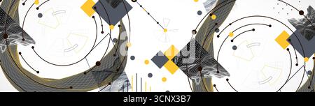Minimal abstract composition with wireframe waves, geometric shapes, dots, and lines. Stock Vector