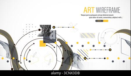 Minimal abstract composition with wireframe waves, geometric shapes, dots, and lines. Stock Vector