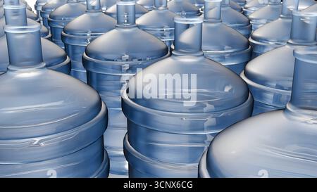 A 3d rendering of row of clear, light blue plastic water jugs, often referred to as five-gallon jugs or carboys. Stock Photo