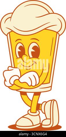 Funny beer glass cartoon character with crossed hands vector flat illustration. Comic happy malt foamy alcohol beverage mascot standing smiling with p Stock Vector