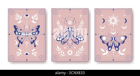 Set of celestial background with butterflies, stars and crescent moon ...