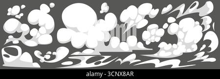 White smoke puffs with cloud and comic effects for cartoon action scenes. Dynamic steam bursts, explosion puffs and motion trails for manga panels. Stylized vapor shapes for graphic backgrounds. Stock Vector