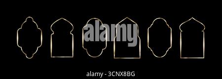 Golden frame collection for Ramadan with Islamic arch and mosque window shapes. Ornamental metallic borders with traditional Arabic patterns on black bg. Decorative elements for Eid celebrations. Stock Vector