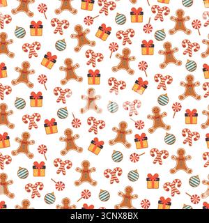 Christmas-themed seamless pattern with gingerbread, candy canes, gifts, and ornaments background vector Stock Vector