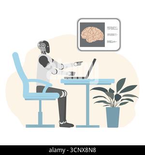 Robot working at desk using laptop and pointing at brain diagram, concept of artificial intelligence vector Stock Vector