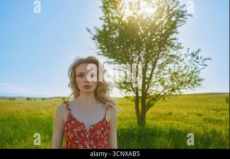A woman stands in a vibrant summer meadow wearing a floral dress. The sun shines brightly behind a tree, illuminating the serene and picturesque lands Stock Photo