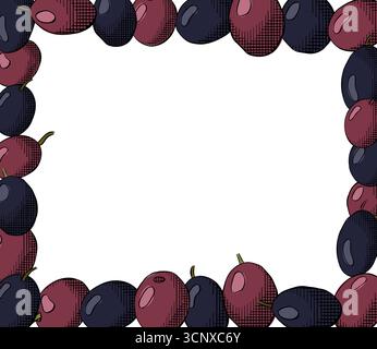 Olive black berry rectangle frame template. Vector graphic line ink colored illustration. Silhouette sign for logo, print, comics, fashion, pop art, b Stock Vector