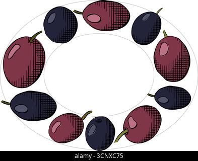 Olive black berry Oval template. Vector graphic line ink colored illustration. Fruitless rosemary, bay leaf circle frame for card, food cosmetic label Stock Vector