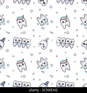 Mouth hygiene kawaii seamless pattern. Stomatology concept illustration. Oral hygiene, implantation, prosthetics, braces textile design. Dental cleaning cosmetic. Vector Stock Vector