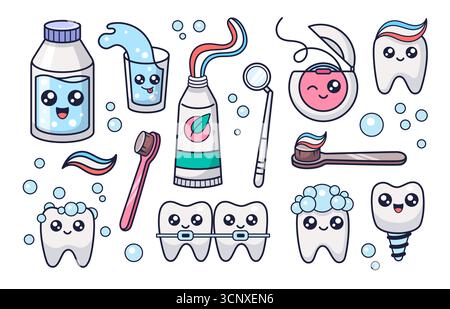Mouth hygiene kawaii set. Stomatology concept illustration. Oral hygiene collection. Dental cleaning cosmetic. Vector Stock Vector