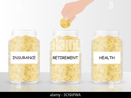 Hand Putting Coin in Money Jar. Glass Jar with Coins. Growing Money, Saving and Investment Concept. Stock Vector