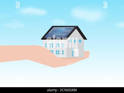 Hand Holding House with Solar Panel on the Roof. Solar Energy and Renewable Energy Sources. Clean and Green Energy. Vector Illustration. Stock Vector