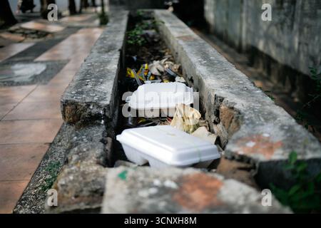 disposable styrofoam lunch box thrown away on drainage Stock Photo