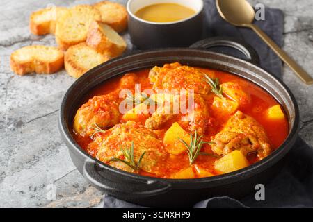 Chicken Bouillabaisse soup in a rich tomato-vegetable broth served with toasted baguette and rouille sauce, close-up in a pan on the table. Horizontal Stock Photo