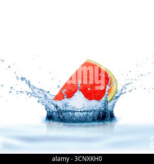 Watermelon with Water Splash on White Background Stock Photo