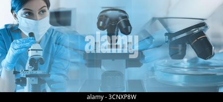 Laboratory analysis. Scientists working with microscopes, multiple exposure Stock Photo