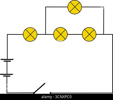 Electrical circuit diagram with light bulbs and power source. Simple illustration of basic parallel, series circuit isolated on white background Stock Vector