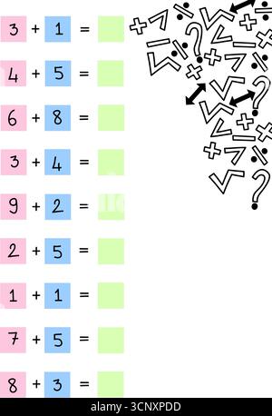Simple addition math worksheet for kids with colorful squares and abstract symbols in the corner. Educational math activity Stock Vector