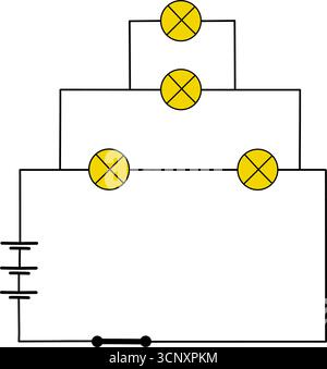 Electrical circuit diagram with light bulbs and power source. Simple illustration of basic parallel, series circuit isolated on white background Stock Vector