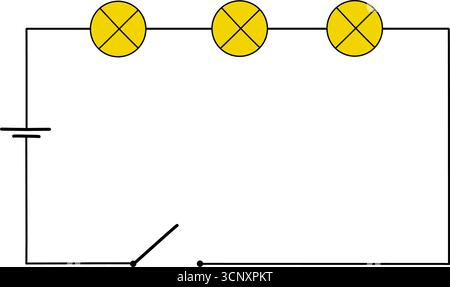 Electrical circuit diagram with light bulbs and power source. Simple illustration of basic parallel, series circuit isolated on white background Stock Vector