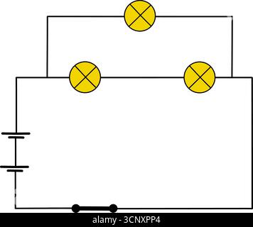 Electrical circuit diagram with light bulbs and power source. Simple illustration of basic parallel, series circuit isolated on white background Stock Vector