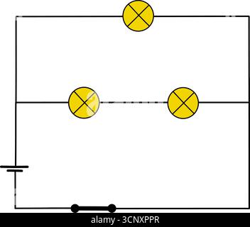 Electrical circuit diagram with light bulbs and power source. Simple illustration of basic parallel, series circuit isolated on white background Stock Vector