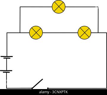 Electrical circuit diagram with light bulbs and power source. Simple illustration of basic parallel, series circuit isolated on white background Stock Vector