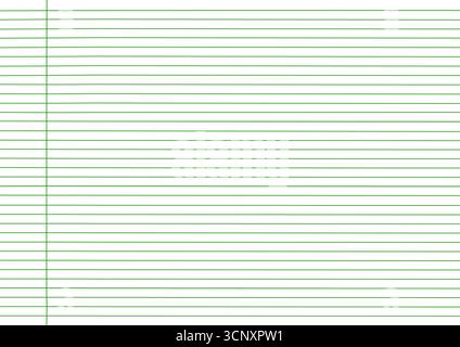 Blank notebook paper with green horizontal lines and a vertical margin on white background. Ruled paper with lines for writing and note taking Stock Vector