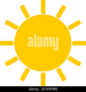 Simple bright yellow sun icon with stylized rays on isolated white background Stock Vector