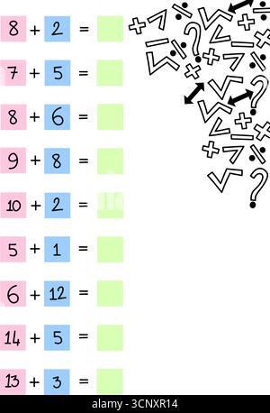 Simple addition math worksheet for kids with colorful squares and abstract symbols in the corner. Educational math activity Stock Vector
