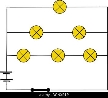 Electrical circuit diagram with light bulbs and power source. Simple illustration of basic parallel, series circuit isolated on white background Stock Vector