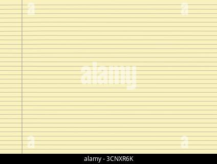 Blank notebook paper with horizontal lines and a vertical margin on yellow background. Ruled notebook paper with lines for writing and note taking Stock Vector