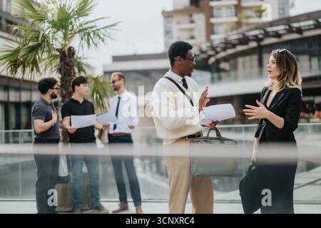 Professionals Engaging in Collaborative Discussion in a Modern Outdoor Setting Stock Photo