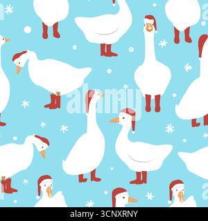 Seamless pattern with cute cartoon goose in Santa Claus hat and red boots. Merry Christmas background. Vector illustration Stock Vector