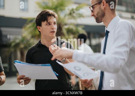 Two business professionals discussing documents in an outdoor urban setting Stock Photo