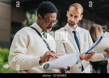 Two professionals reviewing documents outdoors during a collaborative discussion Stock Photo
